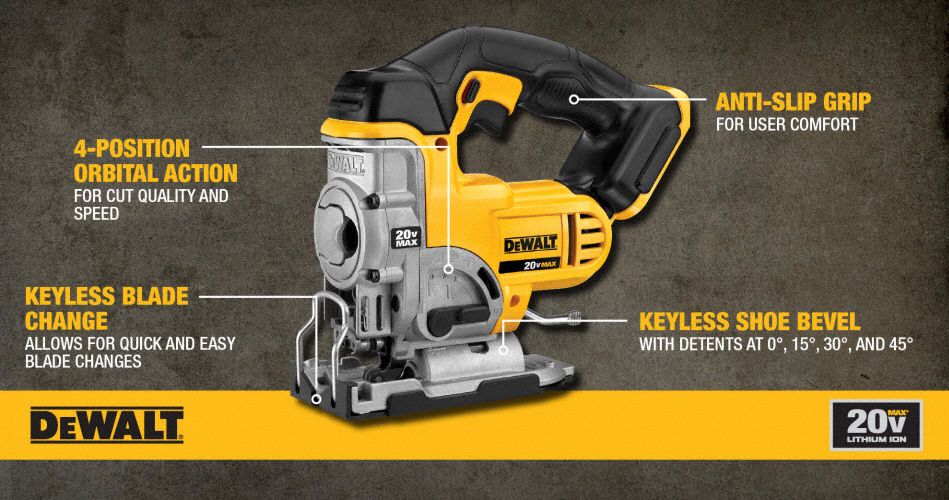 DEWALT 20.0V Cordless Jig Saw, TShank Blade, DHandle, Orbital Cutting Action 24T858DCS331B