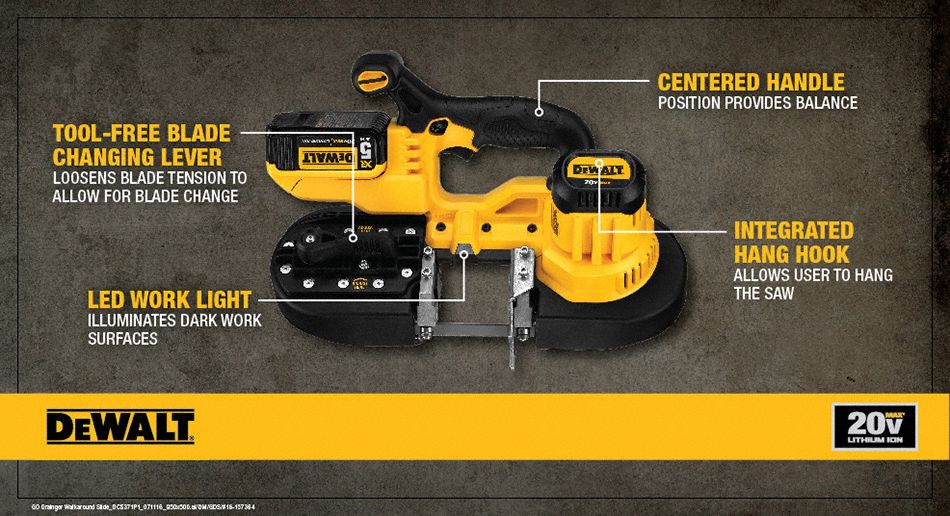 DEWALT Cordless Band Saw Kit,20V,9.4 lb. 25DU76DCS371P1 Grainger