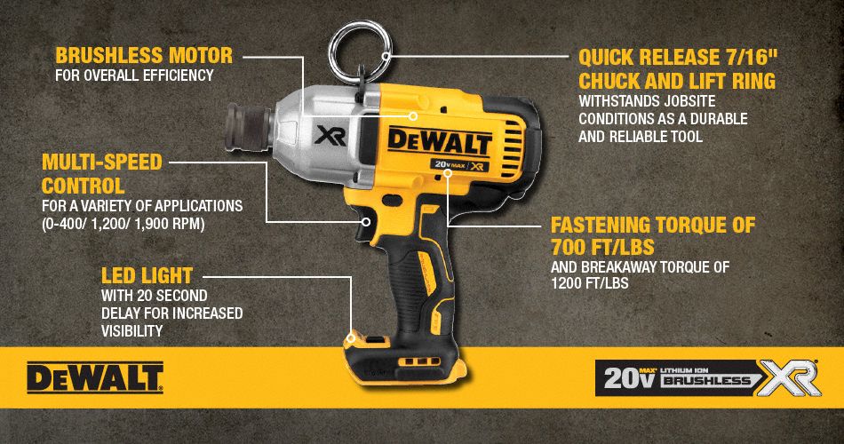 DEWALT 7/16" Cordless Impact Wrench, 20.0 Voltage, 500 ft.lb. Max