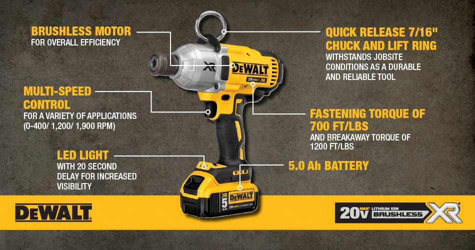 DEWALT 7/16" Cordless Impact Wrench, 20.0 Voltage, 500 ft.lb. Max. Torque, Battery Included